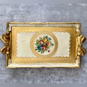Florentine Gilded Serving Tray, Gold and Ivory Hand Carved and Painted Platter